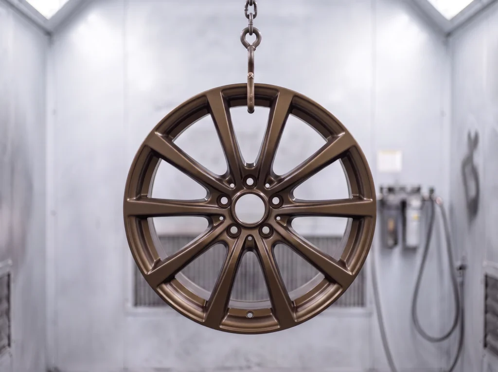 Leichtmetallfelge pulverbeschichtet in Bronze matt am Haken in der Kabine