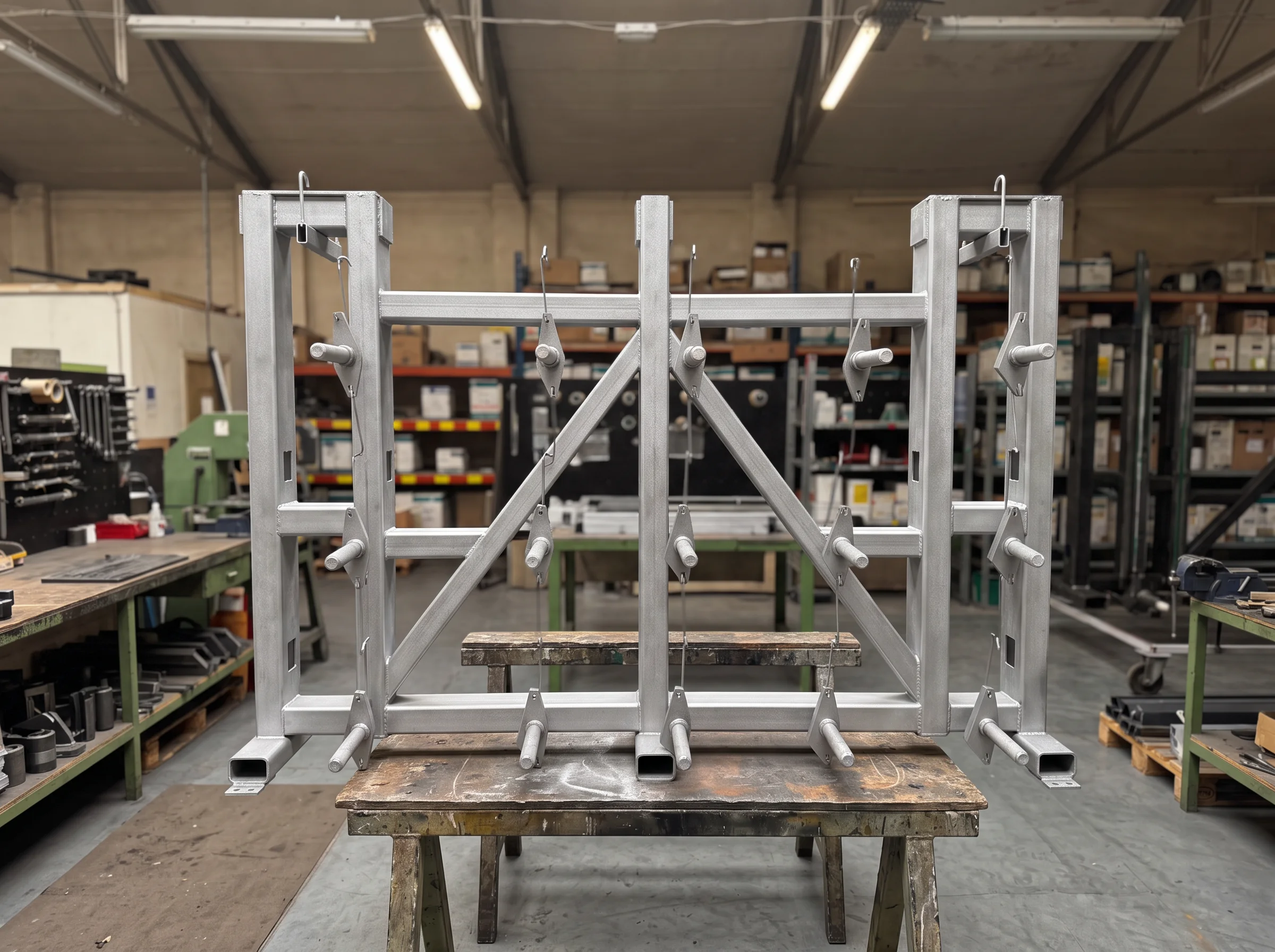 Frisch sandgestrahltes Stahlgestell auf Böcken in der Werkstatt