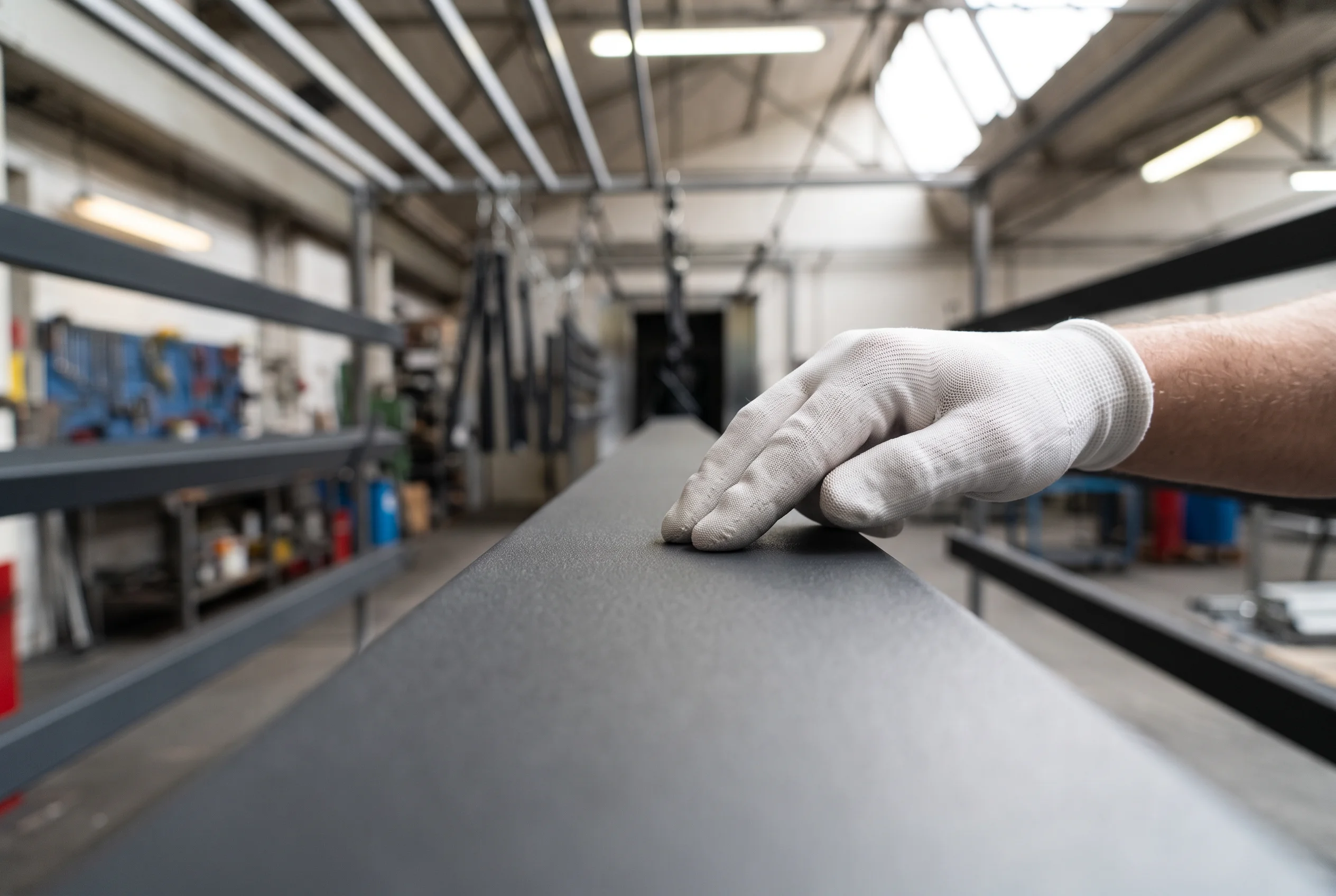 Endkontrolle: eine behandschuhte Hand fährt über die fertige, anthrazitfarbene Oberfläche eines langen Profils